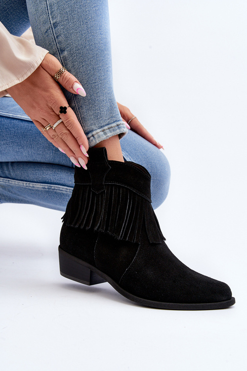 Zazoo 3430 Zamszowe Botki Damskie Z Frędzlami Czarne