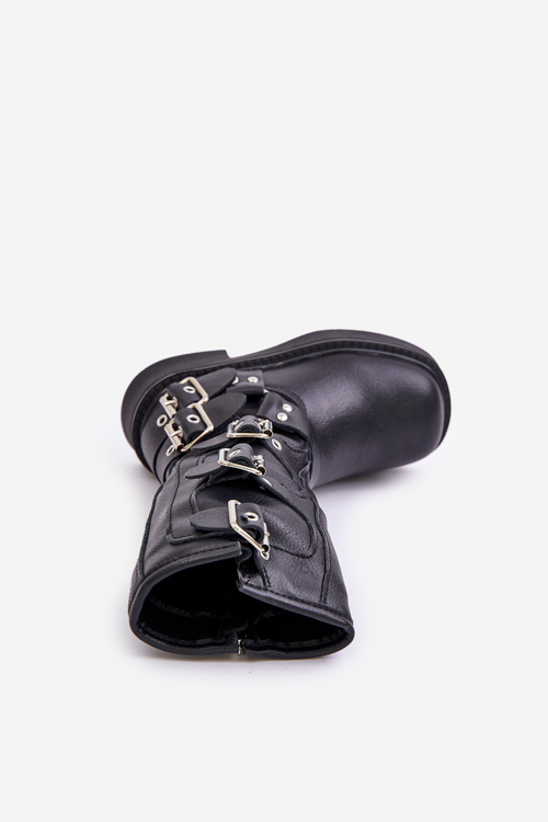 Kozaki Botki Dziewczęce Z Klamrami Eko Skórzane Czarne Rinetha