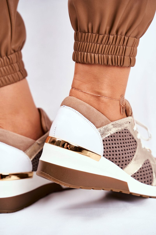 Skórzane Sneakersy Na Koturnie Beżowe Nicole 2562