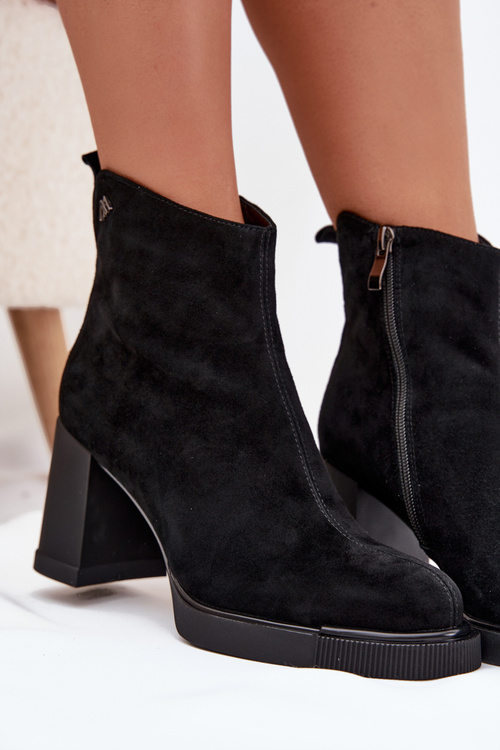 Zamszowe Skórzane Botki Damskie Na Słupku Vinceza 91142 Czarne