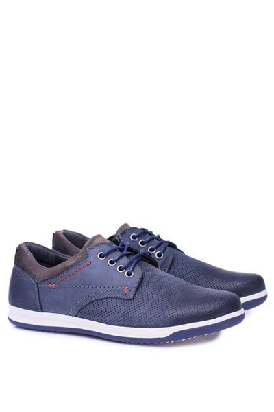 Granatowe Skórzane Męskie Buty Casual Retino