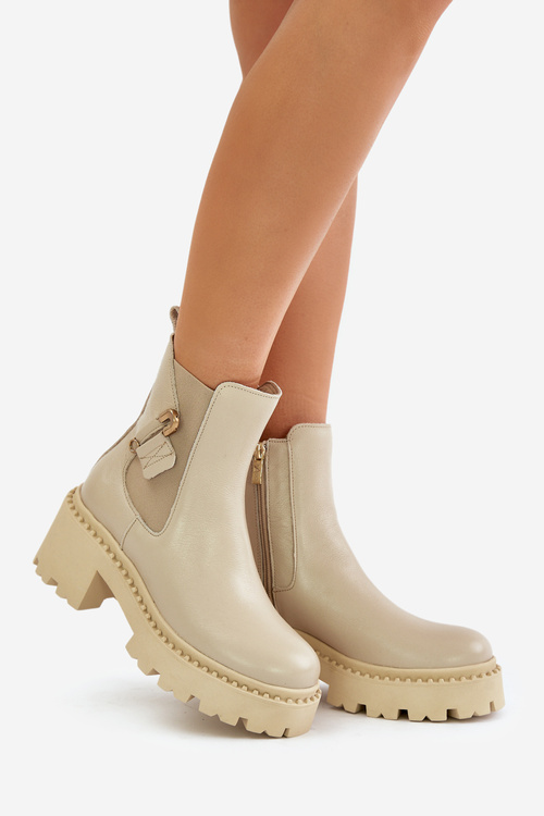 Zazoo 60490 Skórzane Ocieplane Botki Z Ozdobą Jasnobeżowe