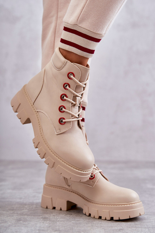 Skórzane Botki Workery Na Suwak Beżowe Messa