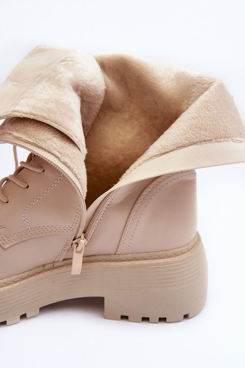 Skórzane Botki Workery Na Płaskim Obcasie Z Klamrą Jasnobeżowe Samivlo