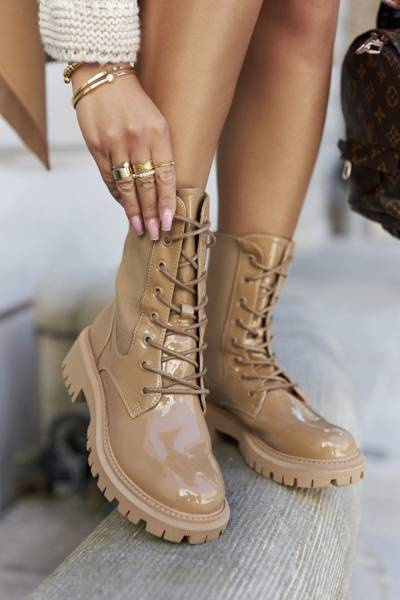 Damskie Botki Workery Lakierowane Khaki Maxine
