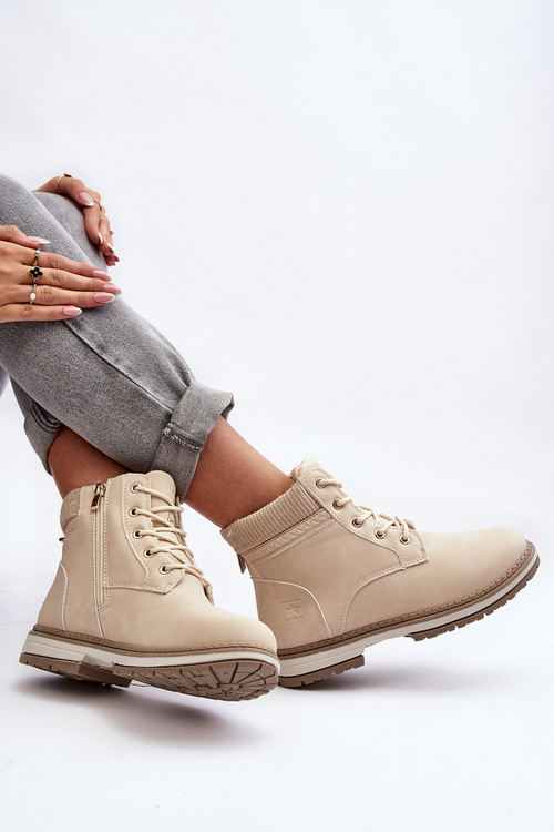 Damskie Skórzane Trapery Ocieplane Beżowe Bimena