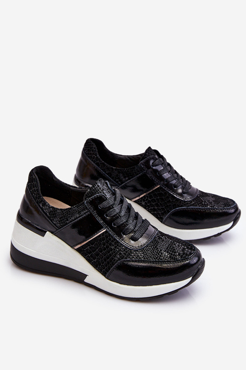 Damskie Skórzane Buty Sportowe Na Koturnie Czarne Crosby