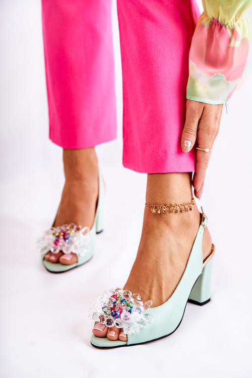 Skórzane Modne Czółenka Sandały Z Ozdobą Zielone Meriss