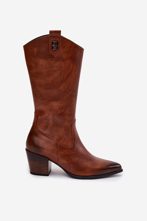 Skórzane Kozaki Kowbojki Na Obcasie Ocieplane Zazoo 70155 Brązowe