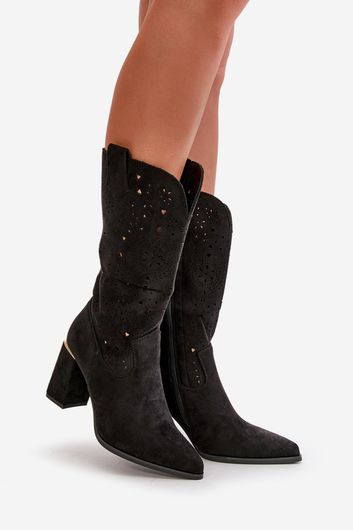 Ażurowe Botki Damskie Na Słupku Z Noskami W Szpic Eko Zamszowe Czarne Nevithra