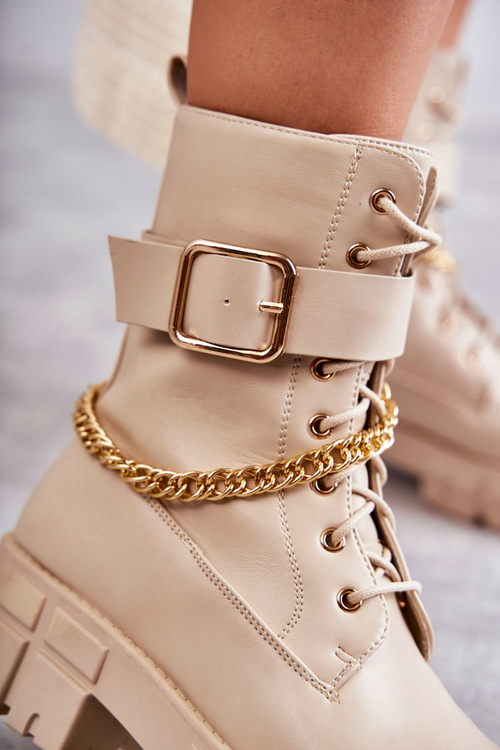 Modne Workery Botki Z Łańcuchem Beżowe Solesso