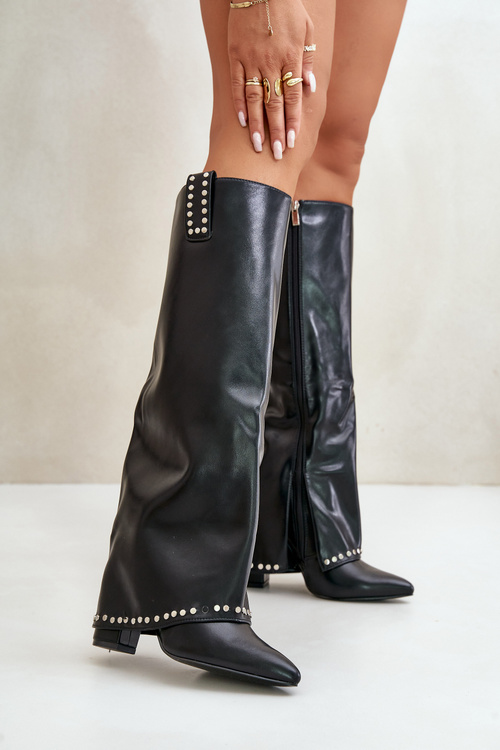 Kozaki Damskie Z Wywiniętą Cholewką Na Słupku Czarne Kaielia