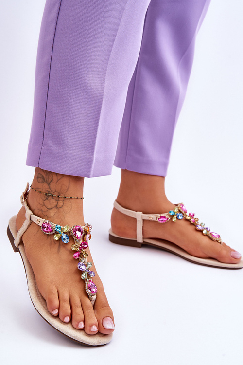 Zamszowe Sandały Japonki Z Kamieniami Beżowe Frency