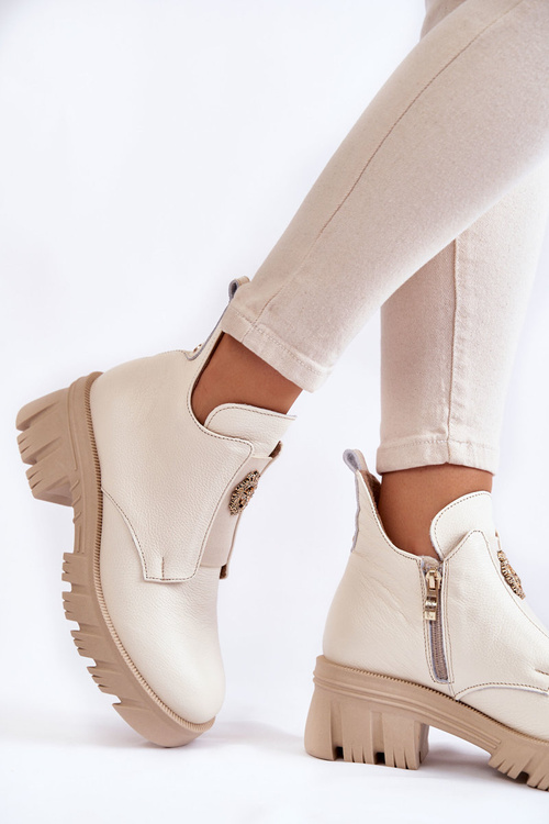 Damskie Skórzane Botki Z Ozdobą Jasnobeżowe Lemar Maley