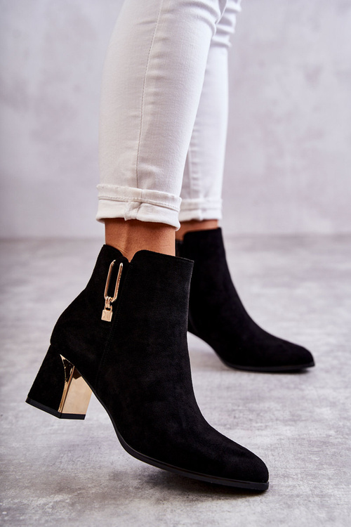 Zamszowe Botki Na Słupku Z Ozdobą Czarne Erine