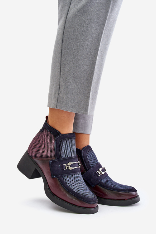 Skórzane Botki Damskie Na Masywnym Obcasie Z Ozdobą Maciejka 06747-23 Bordowo-Granatowe