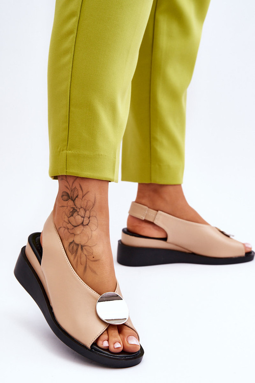 Damskie Skórzane Sandały Na Koturnie Beżowe Justice