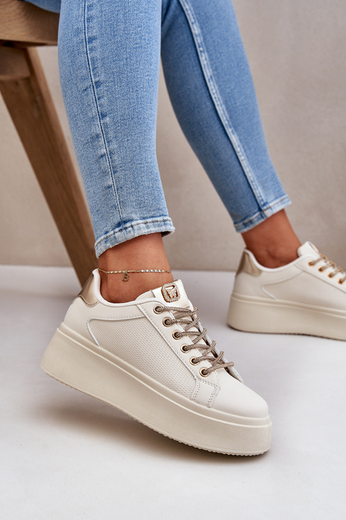 Sneakersy Na Platformie Z Ozdobnymi Sznurówkami Beżowe Fonetha