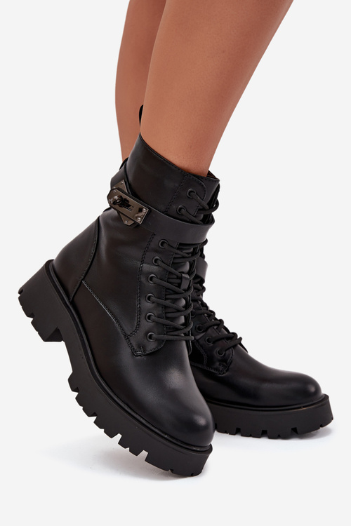 Botki Workery Damskie Z Ozdobnym Paskiem Ocieplane Eko Skórzane Czarne Selita