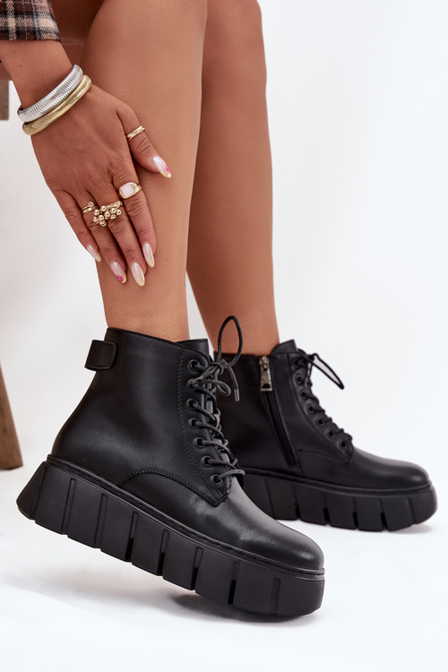 Skórzane Ocieplane Botki Damskie Na Platformie Vinceza 66803 Czarne