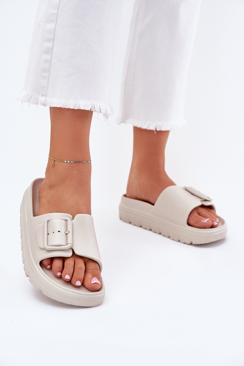 Klapki Damskie Piankowe Na Platformie Z Klamrą Beżowe Viasara