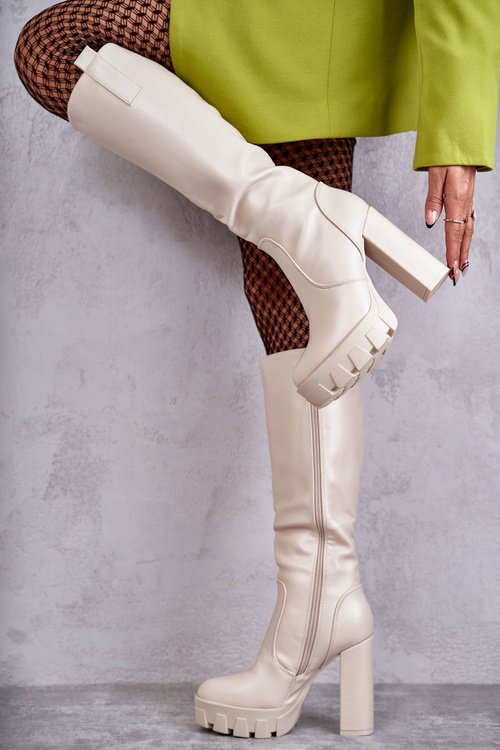 Modne Skórzane Kozaki Na Platformie Beżowe Isabell