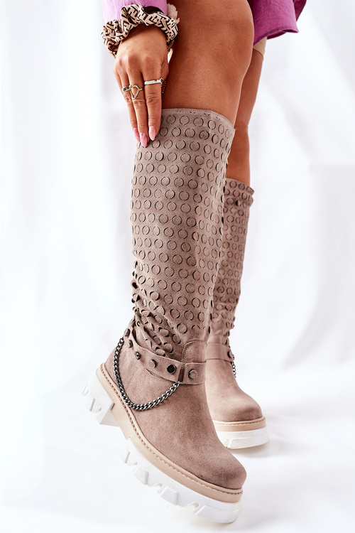 Damskie Skórzane Kozaki Lewski Cappuccino Zamszowe 2866