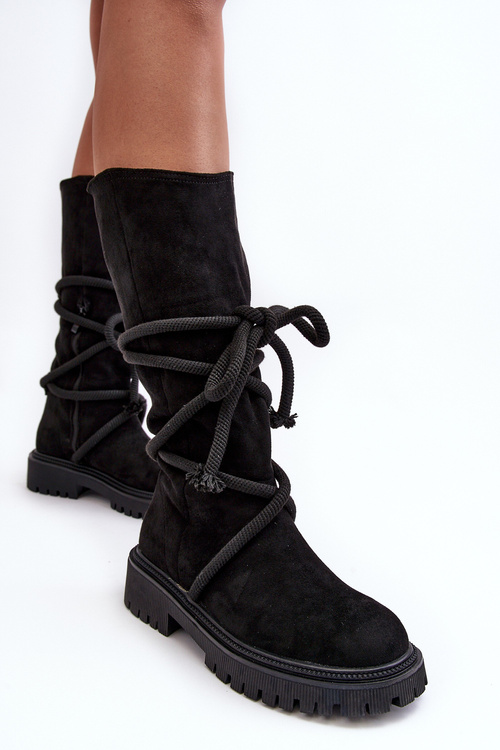 Zamszowe Kozaki Damskie Z Wiązaniem Czarne Tanive