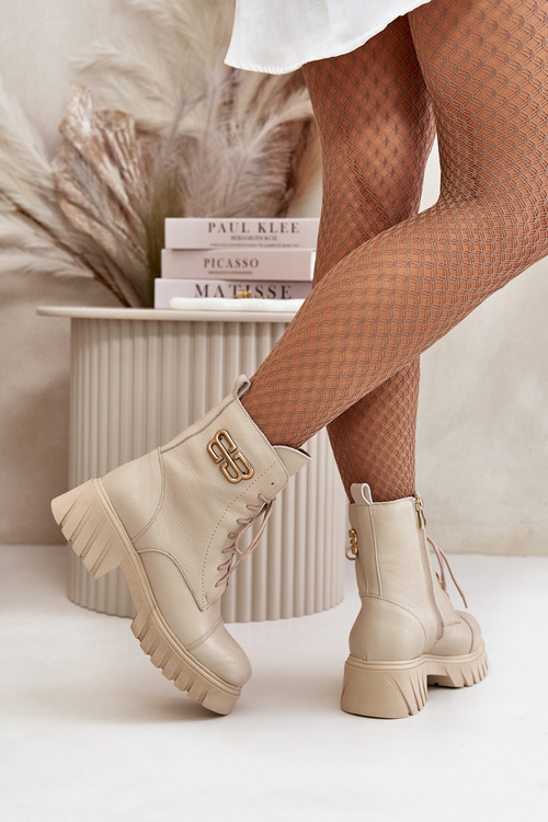 Zazoo 60486 Skórzane Botki Workery Ocieplane Ze Złotym Detalem Jasnobeżowe