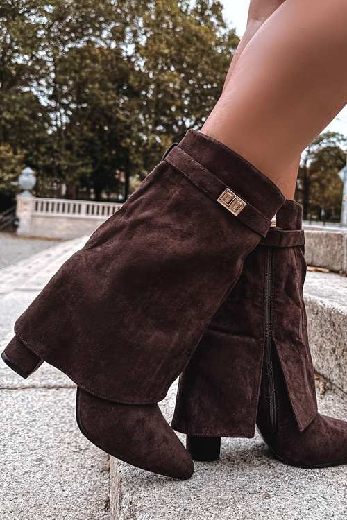 Ocieplane Botki Damskie Na Słupku Z Ozdobnym Paskiem Czekoladowe Luvielle