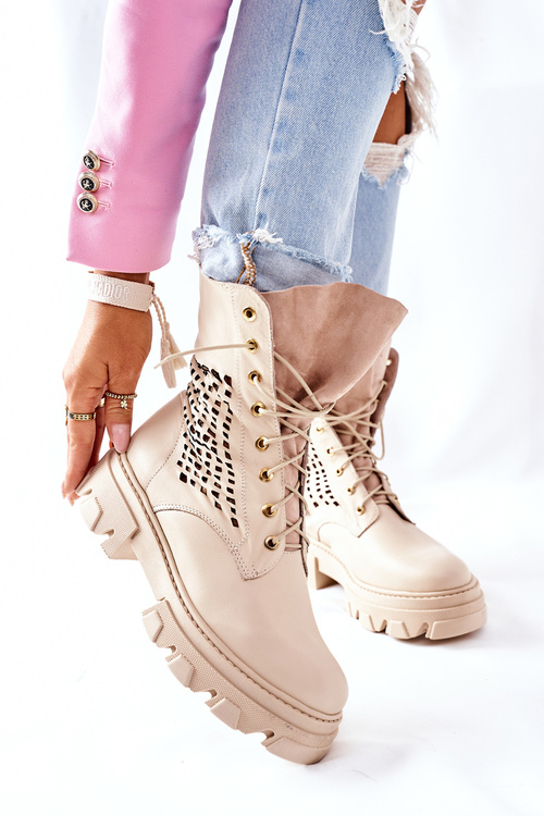 Damskie Skórzane Ażurowe Botki Trapery Beżowe Small Hootie