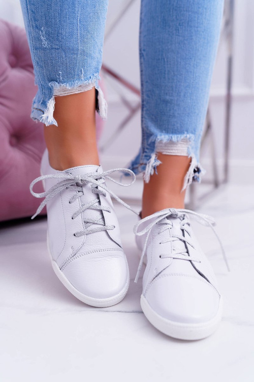 Półbuty Damskie Tenisówki Maciejka Skórzane Białe 4049A