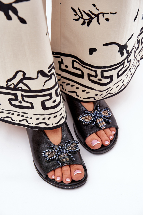 Połyskujące Sandały Damskie Z Ozdobą Płaskie Czarne Russona