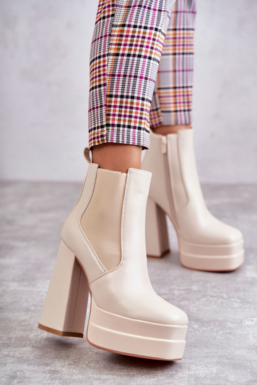 Damskie Skórzane Botki Na Masywnym Obcasie Beżowe Jones