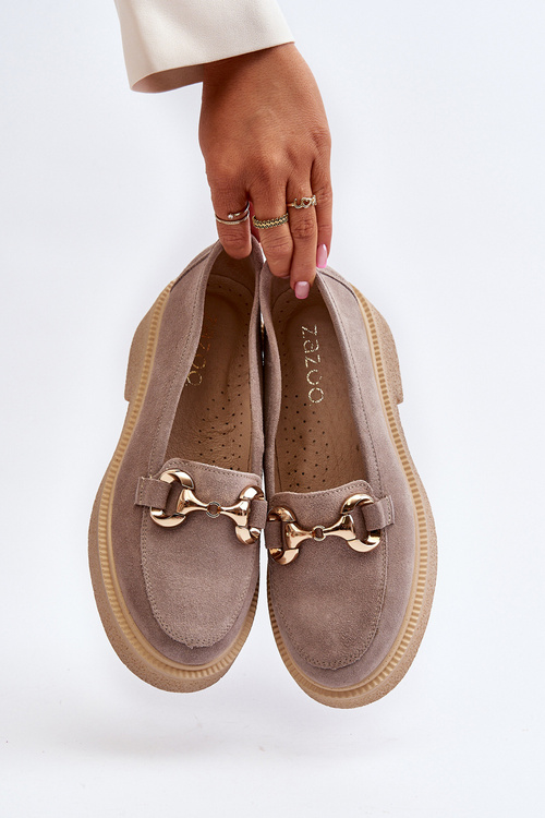 Zazoo 3429 Zamszowe Mokasyny Damskie Z Ozdobą Cappuccino