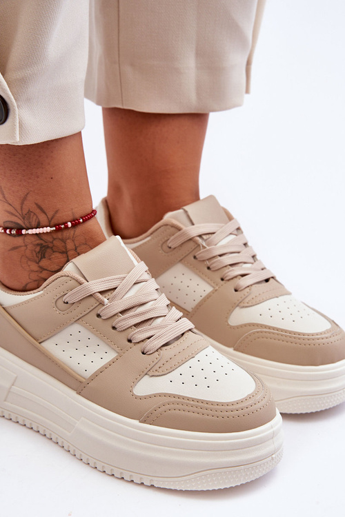 Damskie Skórzane Buty Sportowe Na Masywnej Platformie Beżowe Belisso