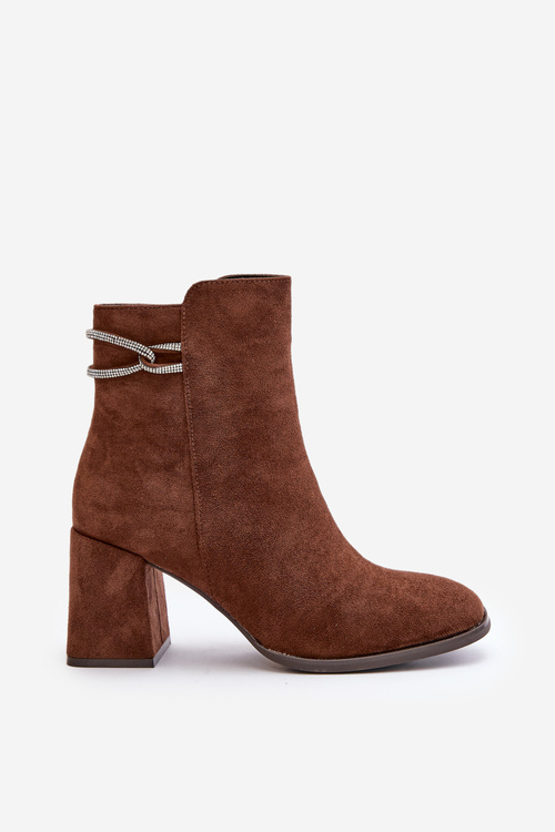 Ocieplane Botki Damskie Na Słupku Eko Zamszowe Brązowe Saivia