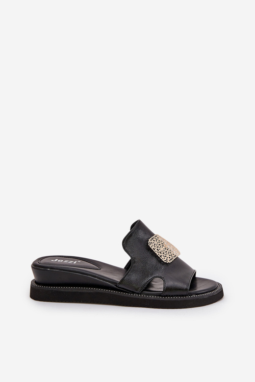 Klapki Damskie Na Koturnie Eko Skórzane Z Ozdobą Czarne Sarela