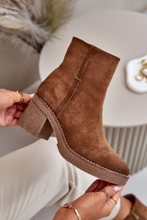 Botki Damskie Na Słupku Ocieplane Eko Zamszowe Khaki Arkesia