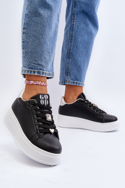 Sneakersy Damskie Na Platformie Z Ozdobami Czarne Herbisa