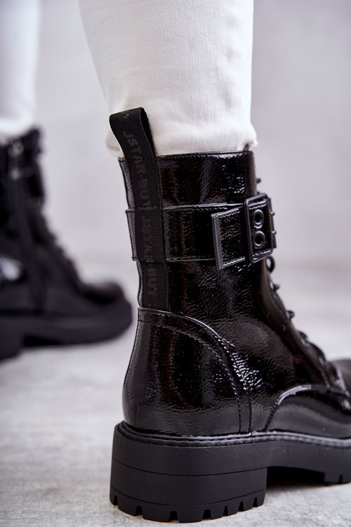 Damskie Botki Lakierowane Sznurowane Na Płaskim Obcasie Czarne Firmina