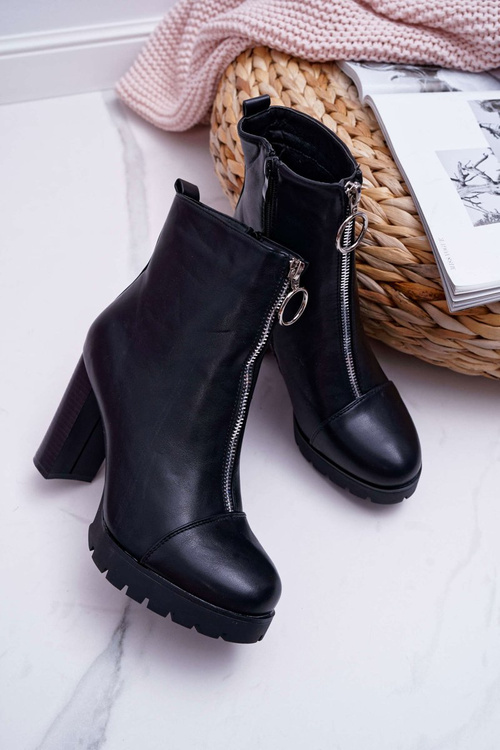 Botki Damskie Na Słupku Ozdobny Suwak Czarne Senuto