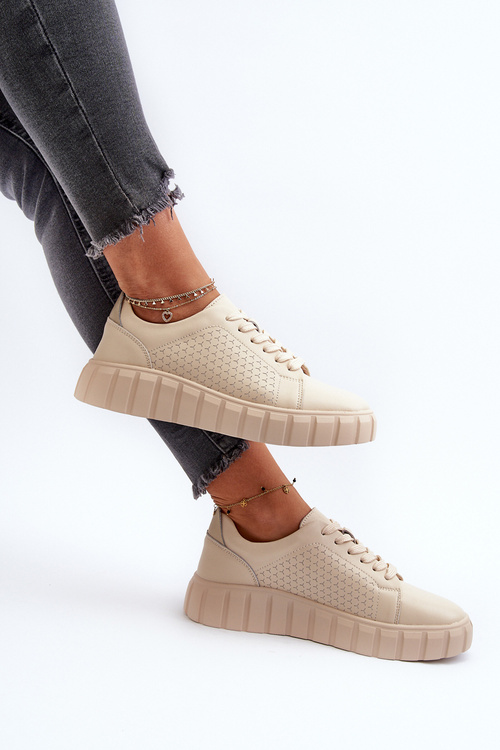 Skórzane Sneakersy Damskie Na Platformie Beżowe Eselmarie