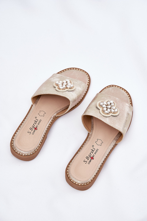 Klapki Damskie Na Płaskim Obcasie Z Ozdobnym Detalem S.Barski KV51-087 Złote