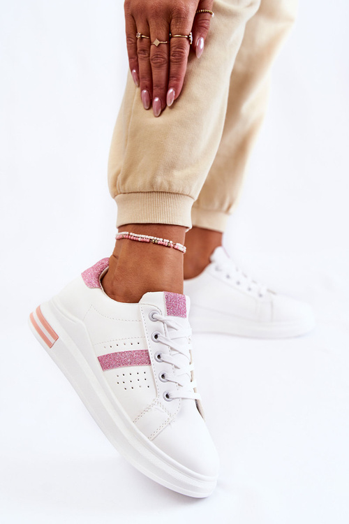 Damskie Buty Sportowe Wiązane Biało-Różowe Otylia