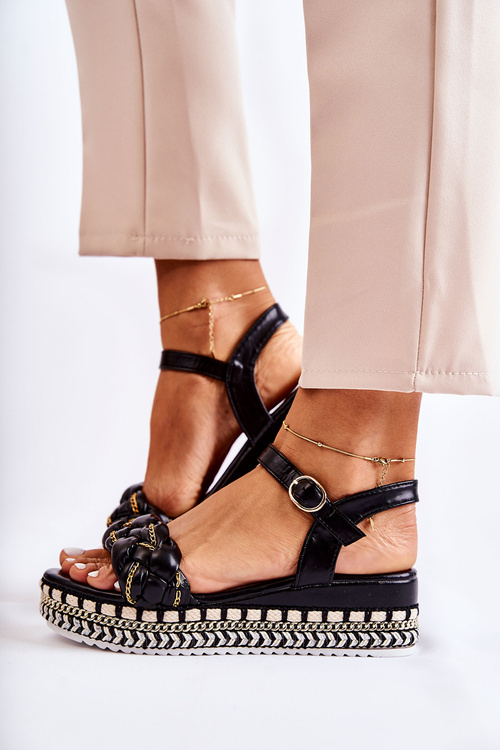 Damskie Plecione Sandały Na Koturnie Czarne Chaves