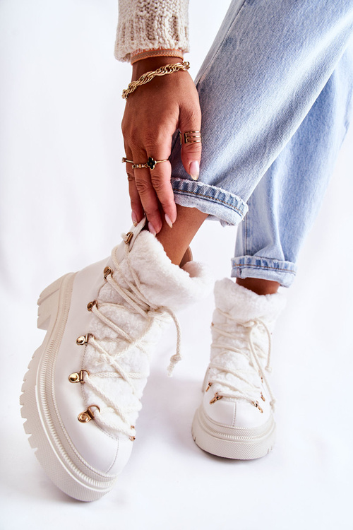 Skórzane Ocieplane Botki Trapery Białe Arisa