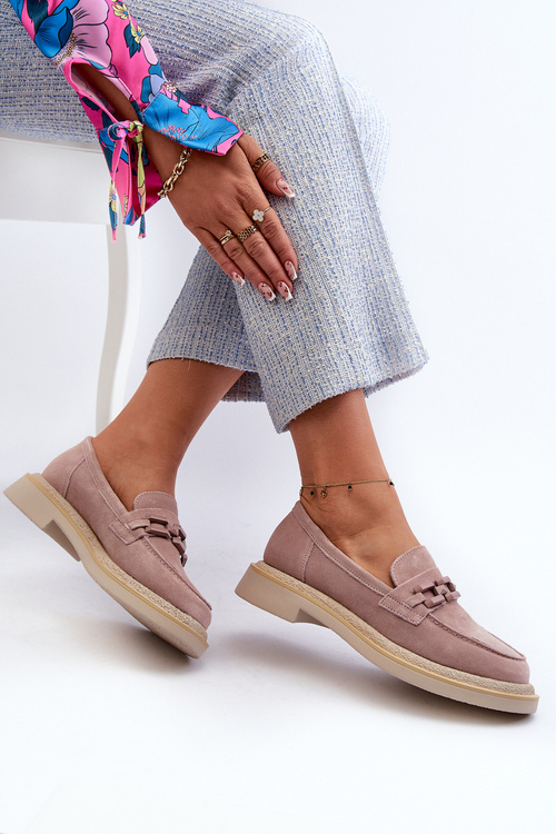 Mokasyny Damskie Zamszowe Na Płaskim Obcasie Z Ozdobą D&A TW101 Brudny Róż