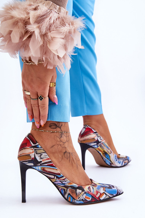 Modne Skórzane Szpilki Lewski Shoes 2659 Czarno-Niebieskie