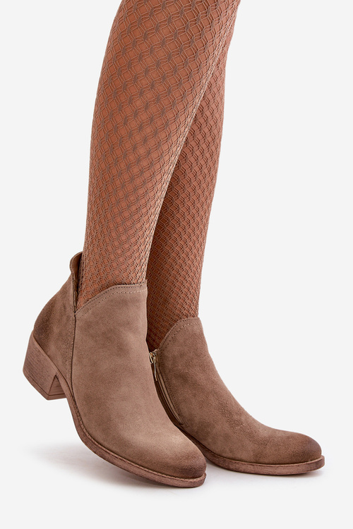 Zazoo 60475 Zamszowe Botki Damskie Na Niskim Obcasie Ocieplane Ciemnobeżowe